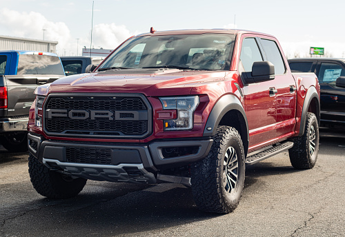 Dartmouth, Canada - February 28, 2020 - 2020 Ford F-150 Raptor pickup truck at a Ford dealership.