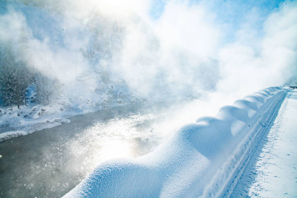 Steam venting from geyser in winter
