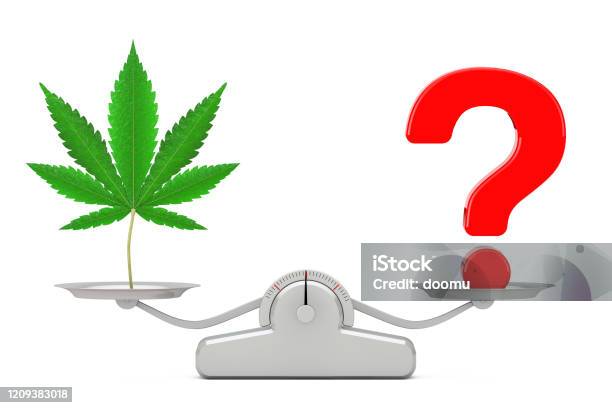Question Mark With Medical Marijuana Or Cannabis Hemp Leaf Balancing On A Simple Weighting Scale 3d Rendering Stock Photo - Download Image Now