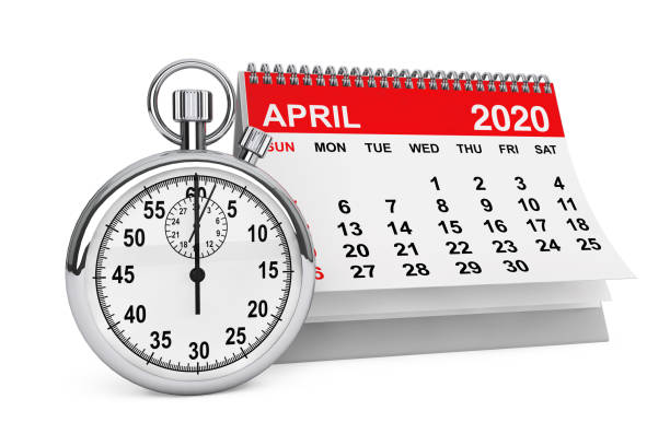 2020 year april calendar with stopwatch. 3d rendering - april 2012 calendar year imagens e fotografias de stock