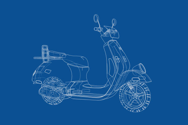 White scooter with a helmet on the mirror. Isolated. White background.