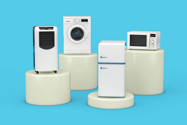 istock Mobile Conditioner Cooler, Washing Machine, Refrigerator and Microwave Oven. 3d Rendering 1209384080