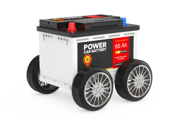 Rechargeable Car Battery 12V Accumulator with Abstract Label with Wheels. 3d Rendering Rechargeable Car Battery 12V Accumulator with Abstract Label with Wheels on a white background. 3d Rendering 12v stock pictures, royalty-free photos & images