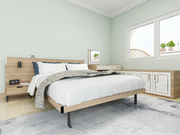istock 3D rendering ,The elegant and spacious bedroom design of the modern apartment has a coat cabinet beside the big bed, as well as a bucket cabinet and green plants. 1209385113