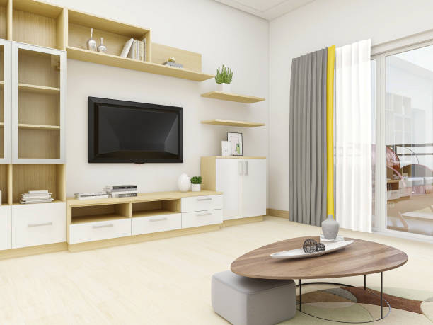istock 3D rendering, simple modern living room sofa with coffee table, with green plants on the table. 1209385974