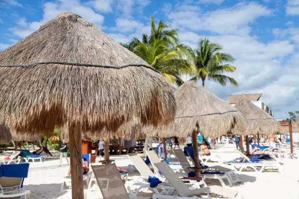 Close up of coconut palm leaf beach umbrella with unrecognizable beachgoers relaxing at a distance in a Cancun beach at Riviera Maya on the Caribbean coast of Mexico.