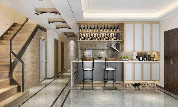 istock 3d rendering scandinavian loft modern kitchen with dining area near stair 1209390209