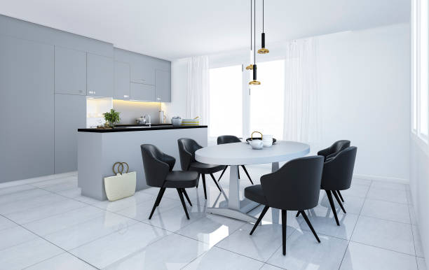 istock 3d rendering scandinavian vintage modern minimal kitchen with white dining area 1209390211