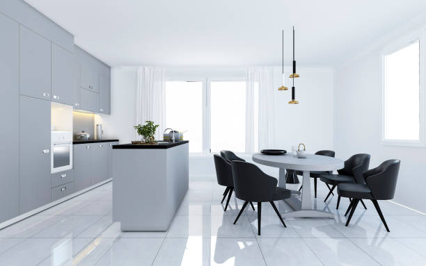 istock 3d rendering scandinavian vintage modern minimal kitchen with white dining area 1209390214