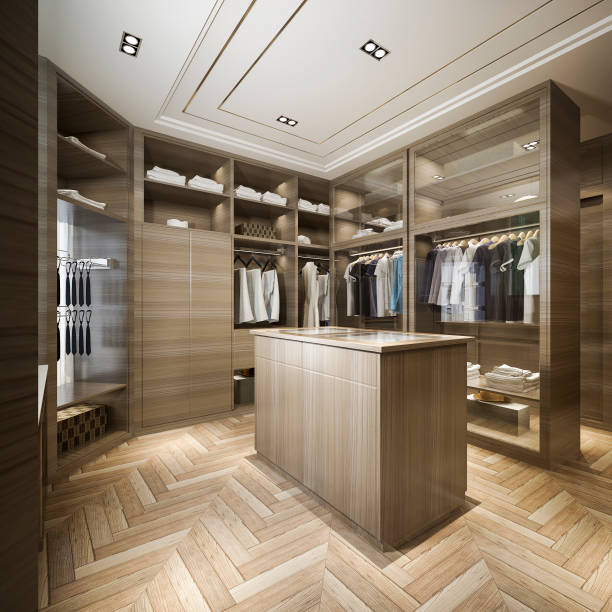 istock 3d rendering minimal scandinavian wood walk in closet with wardrobe 1209390216