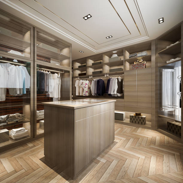 istock 3d rendering minimal scandinavian wood walk in closet with wardrobe 1209390220