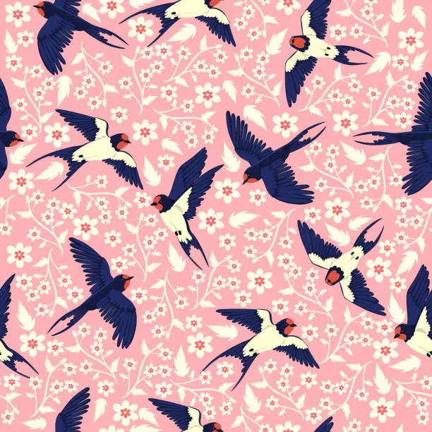 Vector illustration of Seamless pattern with swallows and flowers. Vector graphics.