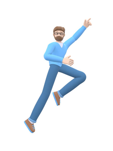 A young cheerful guy with a beard in glasses dances, jumps, levitates and flies. Positive character in casual colored clothes isolated on a white background. Funny, abstract cartoon people. 3D rendering.