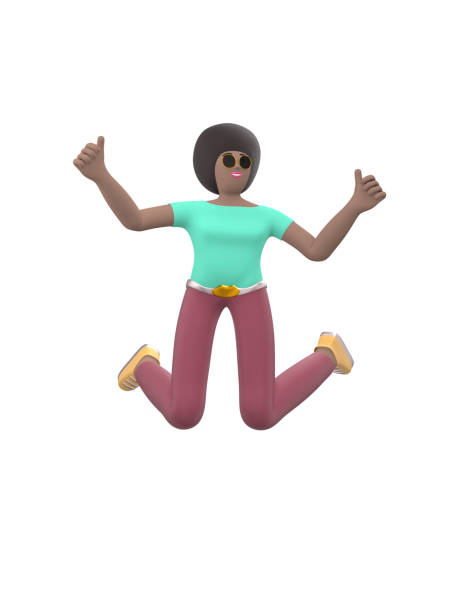Young cheerful African girl dancing and jumping with arms raised up. Positive character in casual colored clothes isolated on a white background. Funny, happy cartoon man, student, teenager minimal style. 3D rendering. joven chica africana alegre bailando y saltando con los brazos levantados. carácter positivo en ropa de color casual aislada sobre un fondo blanco. divertido, feliz hombre de dibujos animados, estudiante, adolescente estilo mínimo. renderizado 3d.