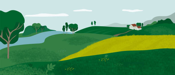ilustraciones, imágenes clip art, dibujos animados e iconos de stock de ilustración del paisaje alpino con valle verde y casas - milk european alps agriculture mountain