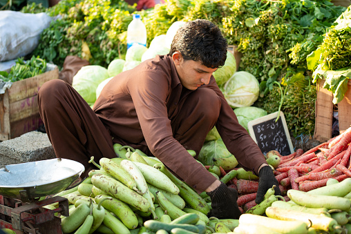 Islamabad, Islamabad Capital Territory, Pakistan - February 5, 2020, A young boy is selling vegetables in the vegetable market.