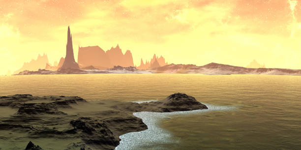 istock Alien Planet. Mountain and lake. 3D rendering 1209402422