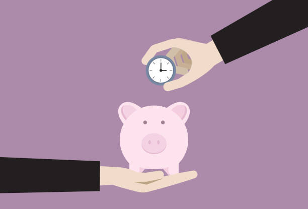 ilustrações de stock, clip art, desenhos animados e ícones de businessman putting a clock into a piggy bank - stock market data insurance savings finance
