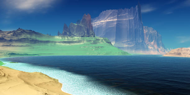 istock Alien Planet. Mountain and lake. 3D rendering 1209403127