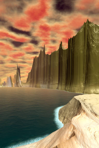 istock Alien Planet. Mountain and lake. 3D rendering 1209403366
