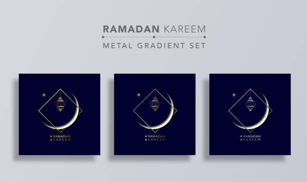 Ramadan Kareem crescent with metal gradient setPrint Ramadan Kareem islamic design crescent moon with gold copper and silver square frame on dark blue background. moon borders stock illustrations