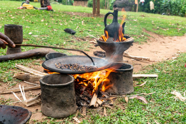 Roasting of coffee beans on a flat pan in a village in southern Ethiopia