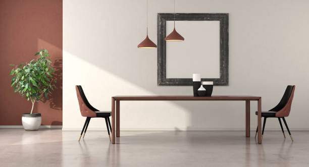 istock Minimalist dining room with wooden table and elegant chairs 1209414002