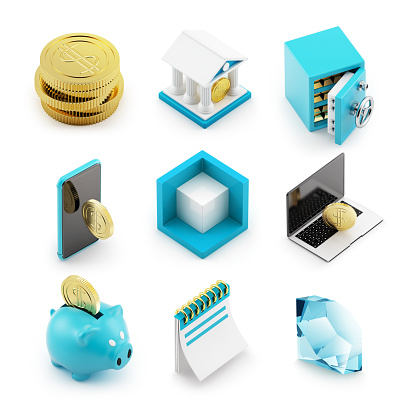 Isometric icon set for mobile and web. Contains such icons as Money, Wallet, Currency Exchange, Bank
