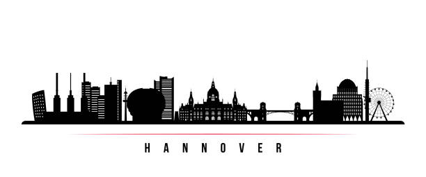 hannover panorama horizontální banner. černobílá silueta hannoveru, německo. vektorová šablona pro váš návrh. - hannover stock ilustrace