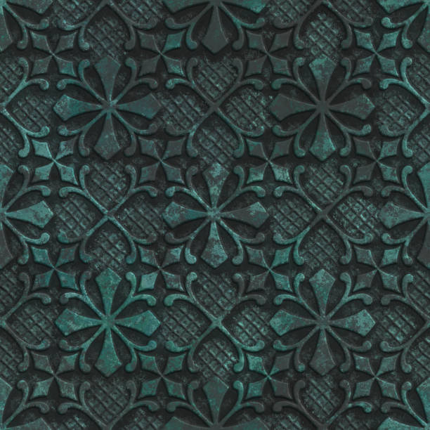 istock Copper seamless texture with geometric pattern on a oxide metallic background, 3d illustration 1209419008