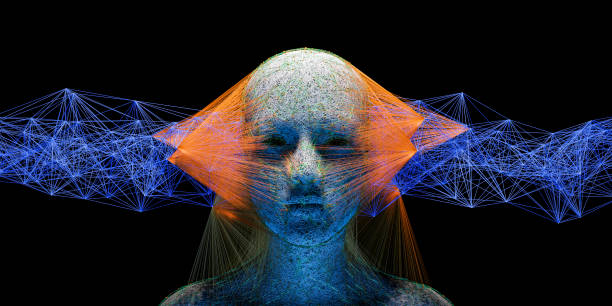Abstract digital human face with big data connection or mistic mask stock photo