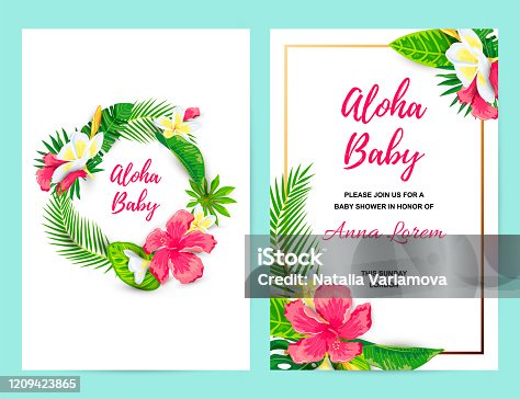 istock Invitations with tropical flowers, jungle leaves. 1209423865