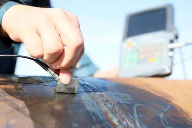 istock Inspector is testing of the steel pipe welds with ultrasonic test method. It is a non-destructive test method. It can also be used to determine a material's thickness, such as measuring the wall. 1209424617