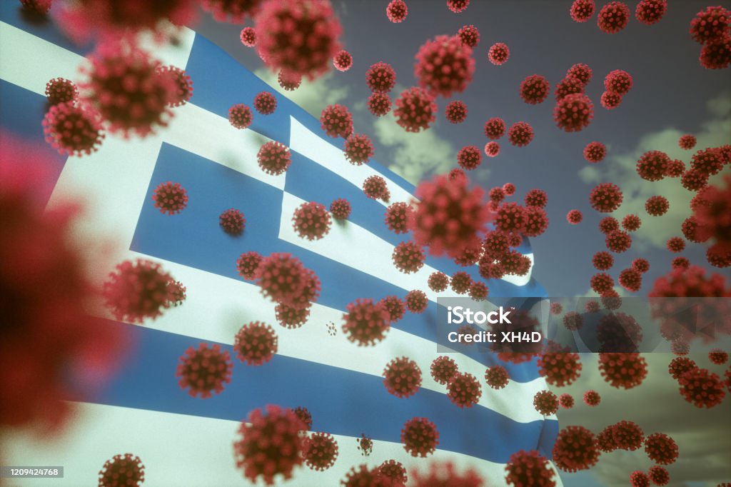 Virus Infects Greece Pneumonia coronavirus covid-19 and Greek flag illustration Greece Stock Photo