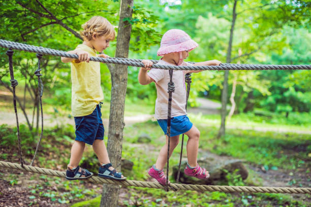 portrait of cute little boy and girl walk on a rope bridge in an adventure rope park - 5943 imagens e fotografias de stock