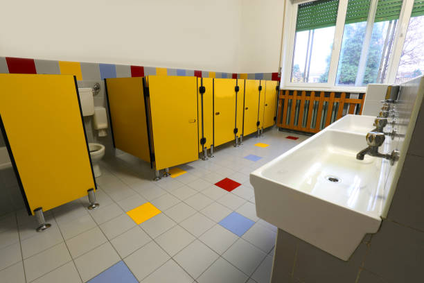 istock inside a wide bathroom with yellow doors 1209425917