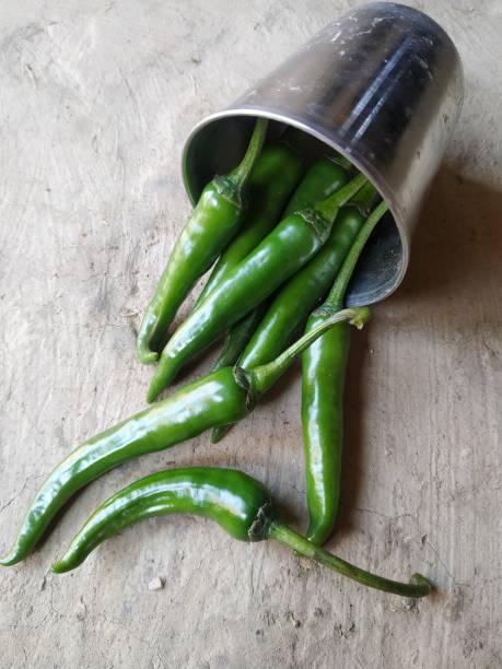Hot chilli pepper in white ceramic pot with white background. Green natural