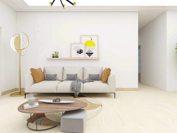 istock 3D rendering, simple modern living room sofa with coffee table, with green plants on the table. 1209428338
