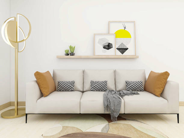 istock 3D rendering, simple modern living room sofa with coffee table, with green plants on the table. 1209428345