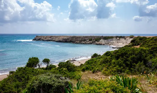 The rocky coast of the Mediterranean Sea on the Akamas Peninsula in the northwest of the island of Cyprus.