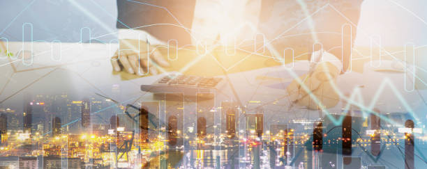 istock Double exposure-business woman standing working in office,analyze document on table,with computer notebook,company performance profit and loss,stock graph background,banner header panoramic horizontal 1209430231