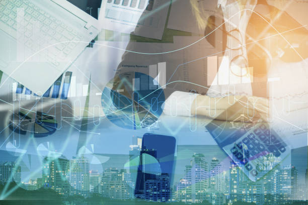 istock Double exposure-business woman working in office,analyze document on table,with computer notebook,company performance profit and loss,stock graph background,concept business and finance 1209430248