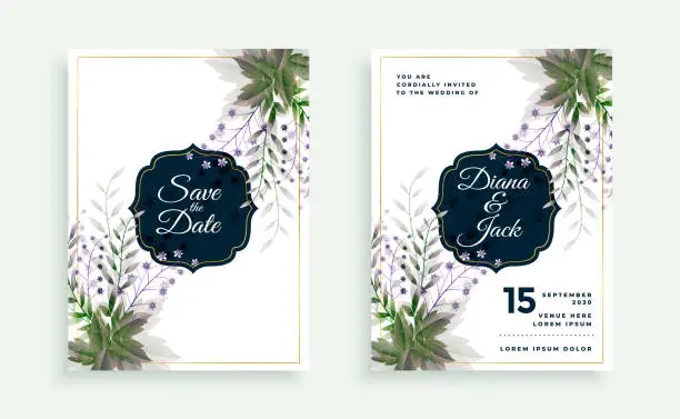 Vector illustration of green leaves and flower wedding card template