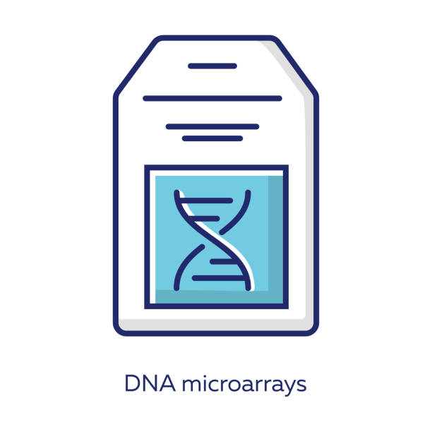 значок синего цвета днк микроаррей. чип днк. микроскопическая коллекция хромосомных пятен. маленькая стеклянная пластина, заключенная в пл - microarray stock illustrations