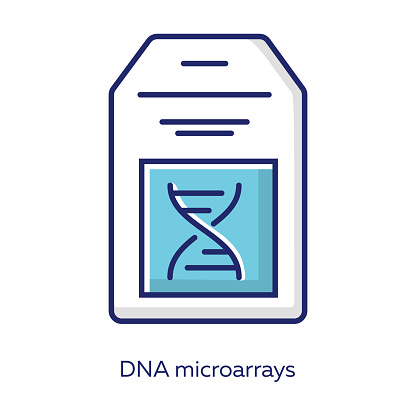 DNA microarray blue color icon. DNA chip. Microscopic chromosome spots collection. Small glass plate encased in plastic. Biochip. Gene research. Bioengineering. Isolated vector illustration
