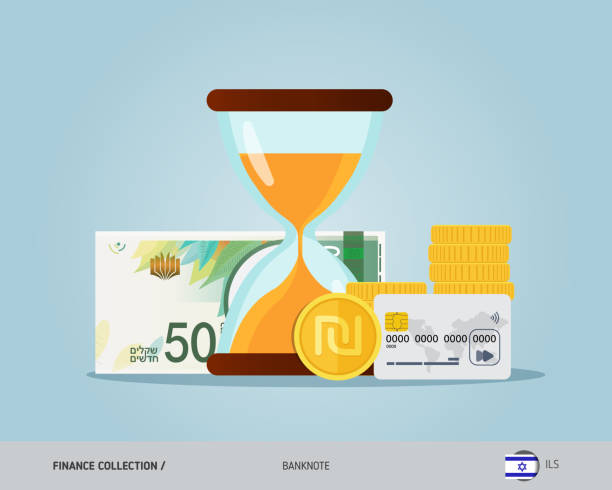 Hourglass with 50 Israeli New Shekel Banknote, coins and credit card. Flat style vector illustration. Time and Business concept. Banknotes israeli coin stock illustrations