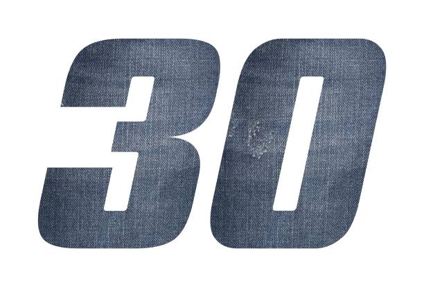 istock Number 30 with jeans fabric texture on white background. 1209441001