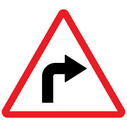 Right turn traffic sign vector illustration. Red triangle post. Roadways traffic warning symbol.
