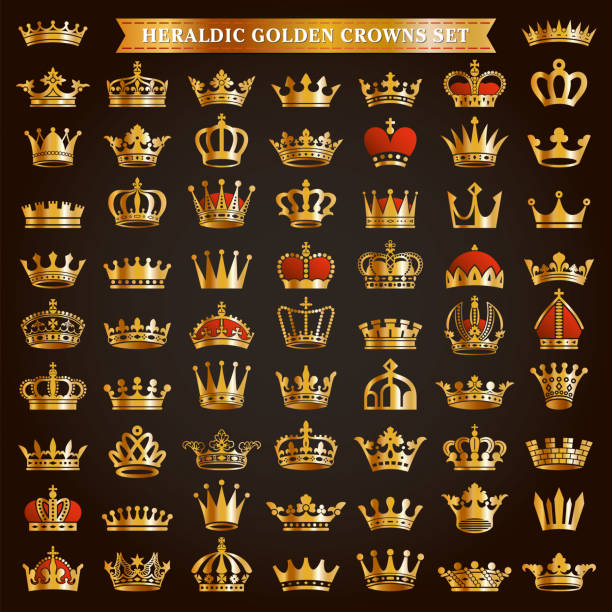 Big set golden crown icons Big set of golden royal crown tiara king queen headwear heraldic silhouette icons emperor stock illustrations