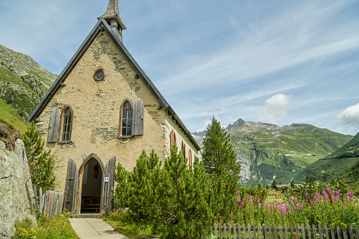 Small chapel under Furkapass mountain road in Obergoms, Switzerland